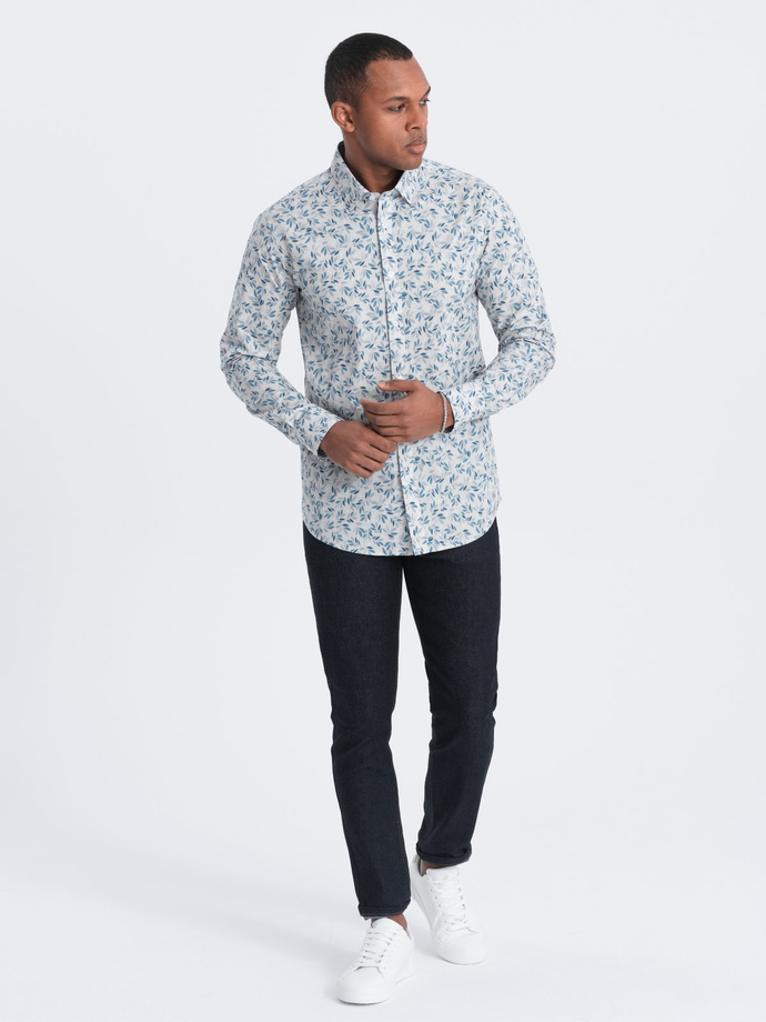 Koszula męska SLIM FIT w print gałązek - niebiesko-szara V2 OM-SHPS-0163