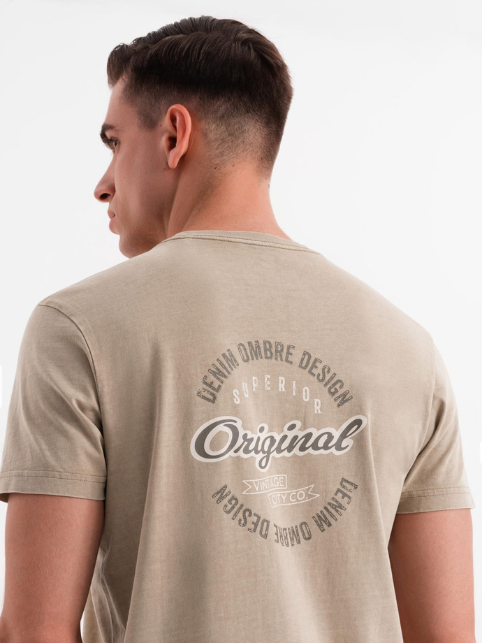 Cotton T-shirt with print on chest and back - dark beige V2 OM-TSWT-0201