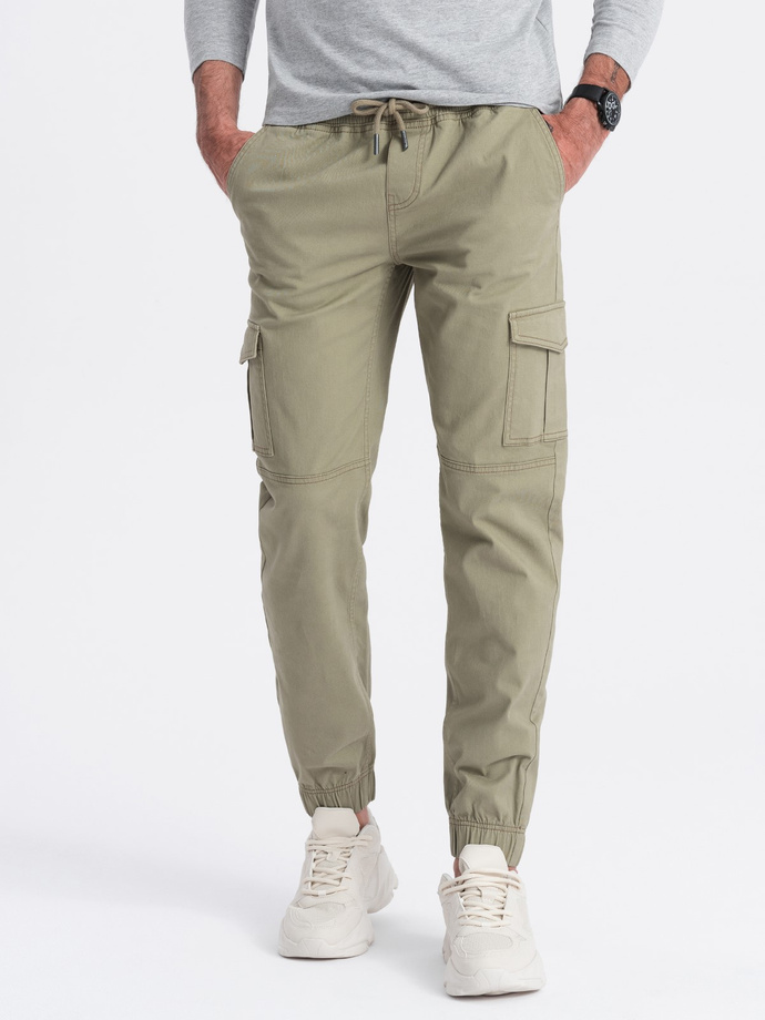 Men's JOGGERS pants with zippered cargo pockets - khaki V1 OM-PAJO-0123