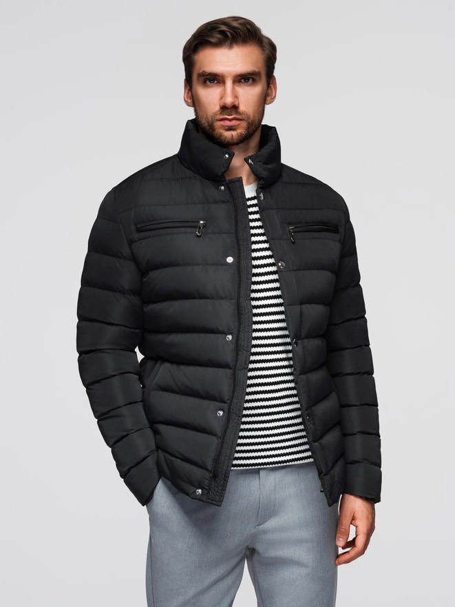 Men's quilted jacket with stand-up collar and chest zips - black V1 OM-JALP-0260