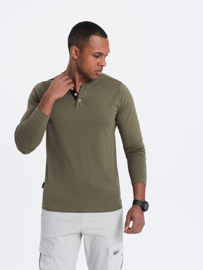 Men's cotton longsleeve with buttons at the neckline - dark olive V1 OM-LSCL-0107