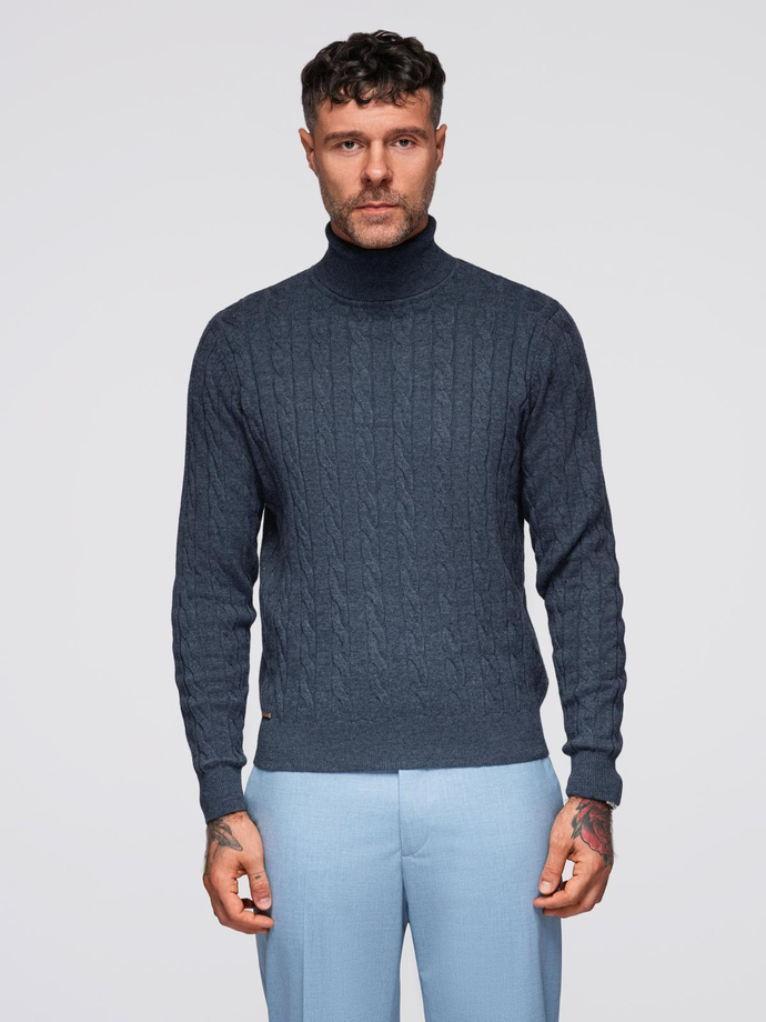 Men's turtleneck sweater with checkered weave - navy blue V3 OM-SWTN-0157