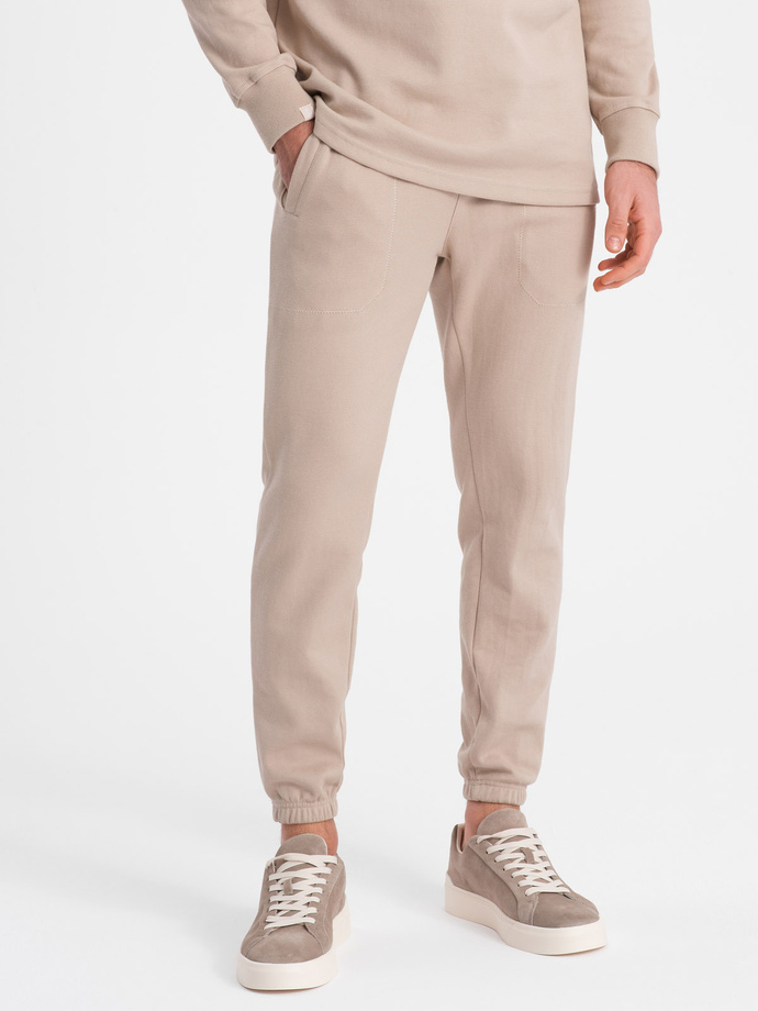 Men's tracksuit set sweatshirt with polo collar + pants - beige V2 Z71