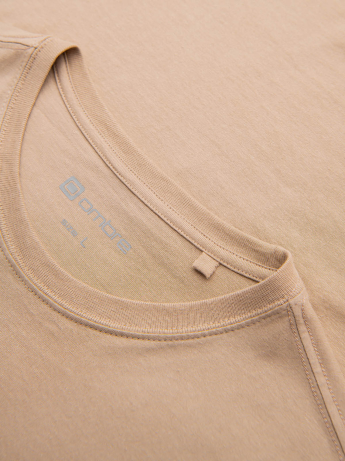 Koszulka męska z długim rękawem z nadrukiem collegowym - piaskowa V1 OM-LSPT-0116