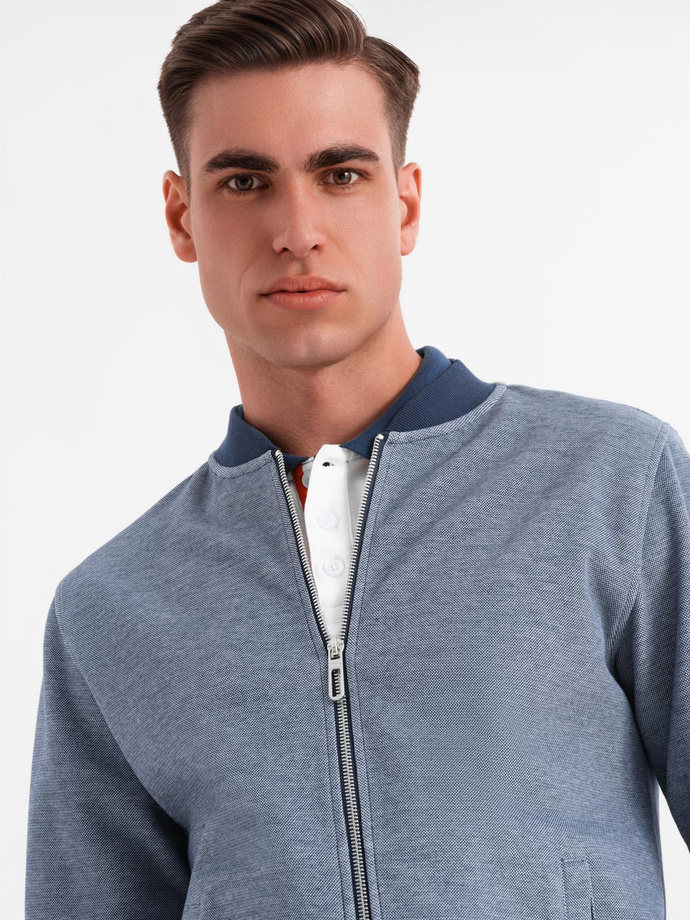 Men's pique knit bomber sweatshirt - navy blue V2 OM-SSZP-0238