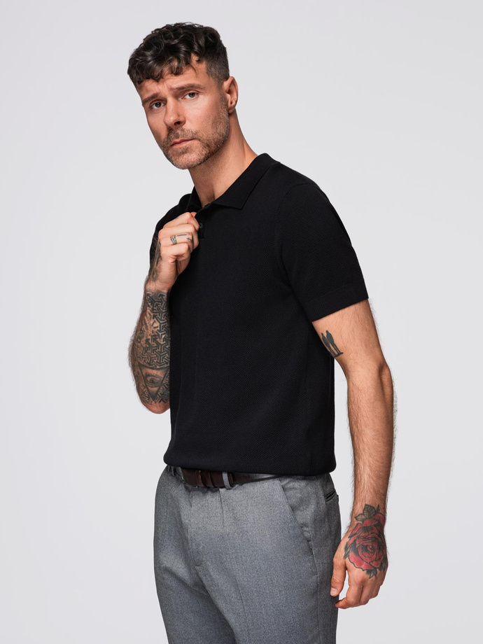 Men's cotton structured knit polo shirt - black V5 OM-POSS-0117