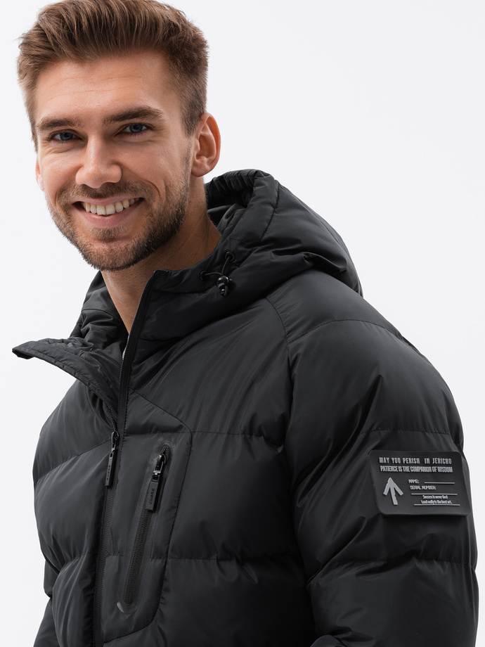 Quilted heavily insulated men's jacket with raglan sleeves - black V4 OM-JAHP-0178