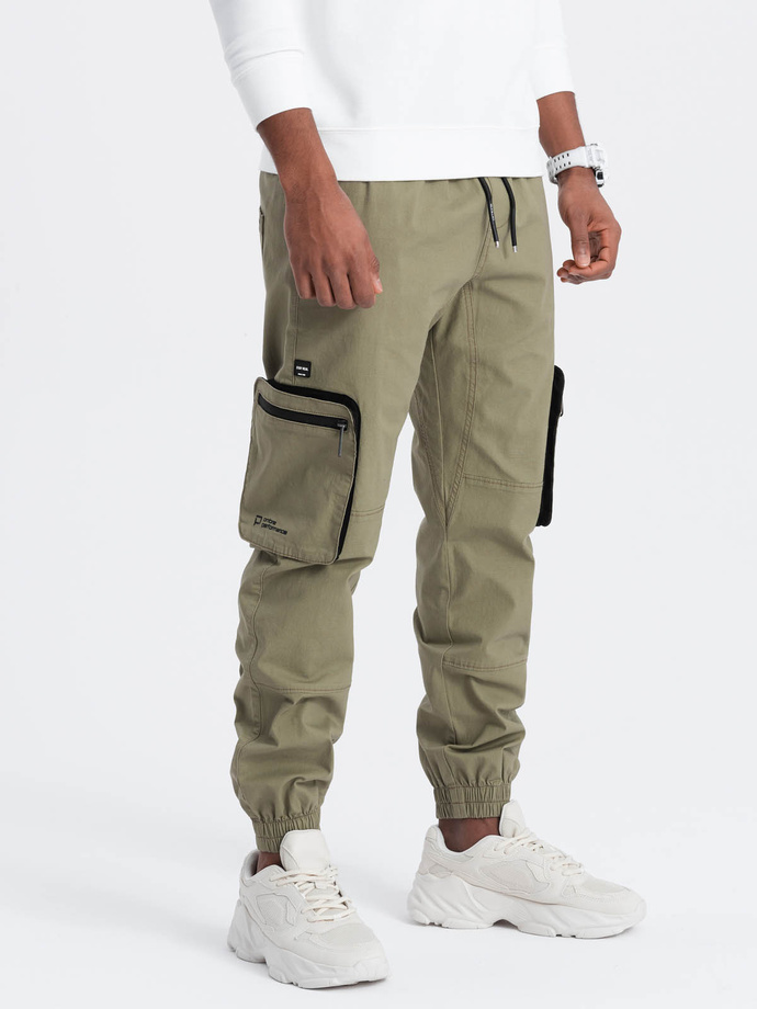 Men's JOGGER pants with zippered cargo pockets - light olive V1 OM-PAJO-0135