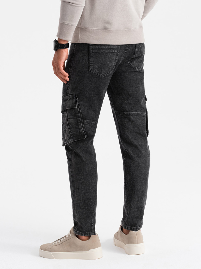 Denim cargo pants SLIM FIT with bleach effect - black V2 OM-PADP-0176