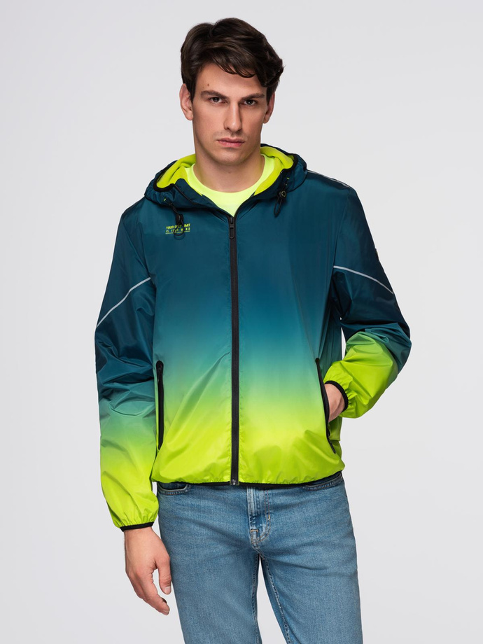 Men's ombre sports jacket with reflectors and fleece lining - turquoise and lime green V1 C641