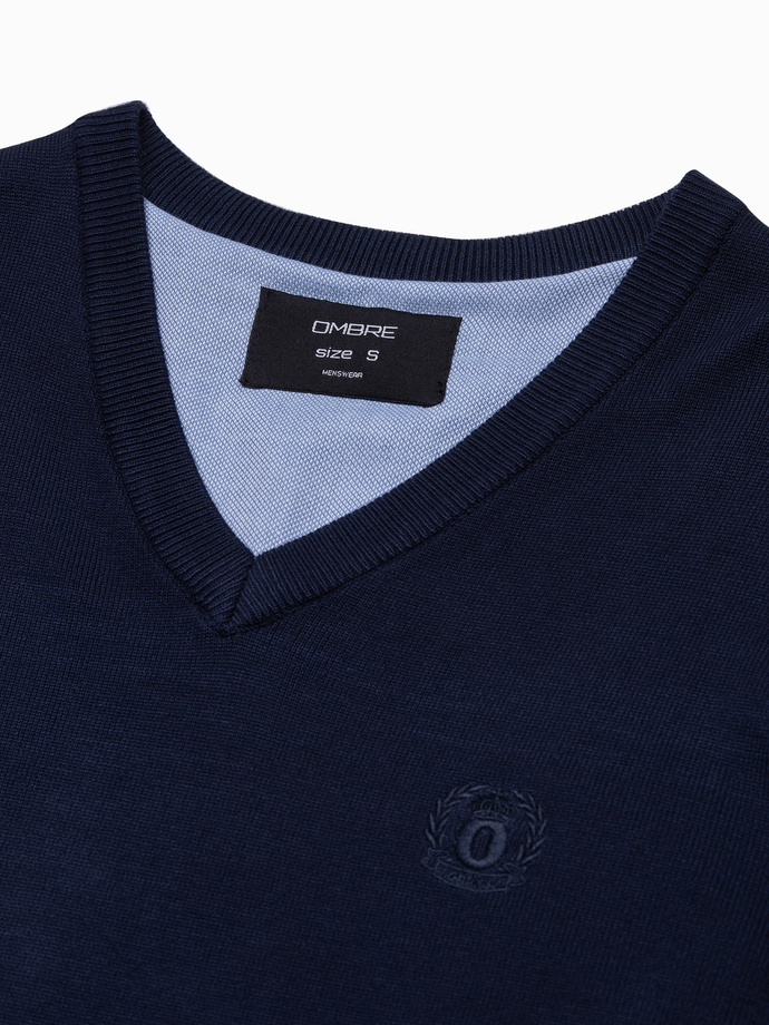 Sweter męski z haftem - granatowy V22 E191