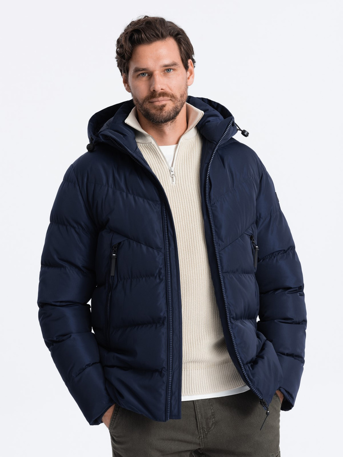 Men's winter jacket with unusual quilting - navy blue V4 OM-JAHP-0127