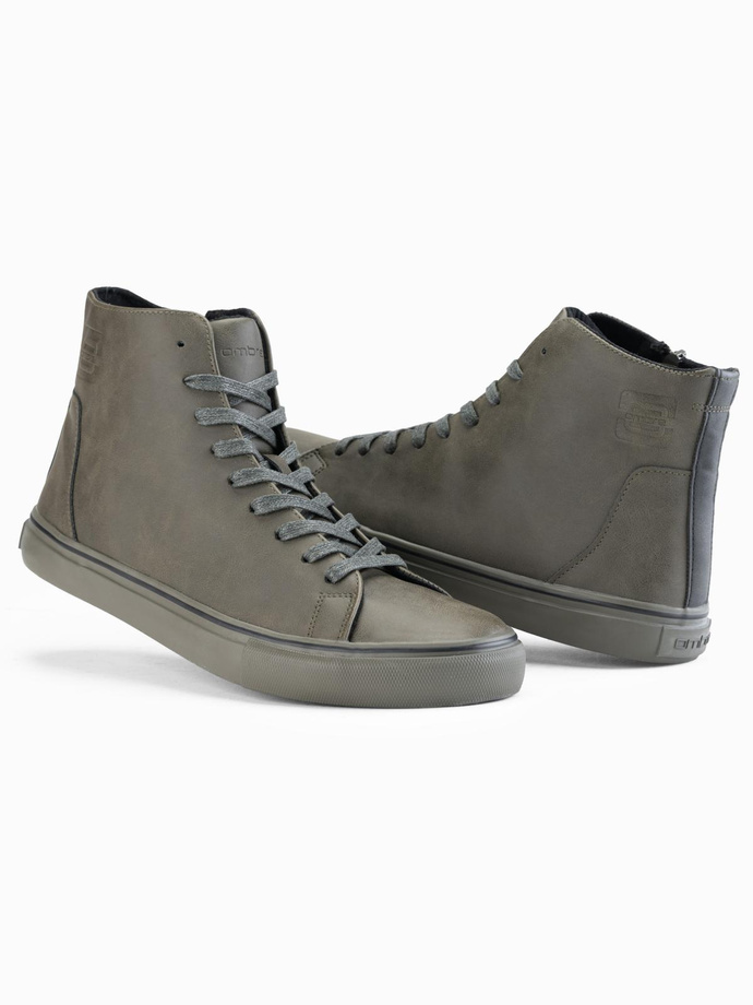 Men's high-top sneakers with matte texture and embossed logo - dark olive V2 OM-FOTH-0185