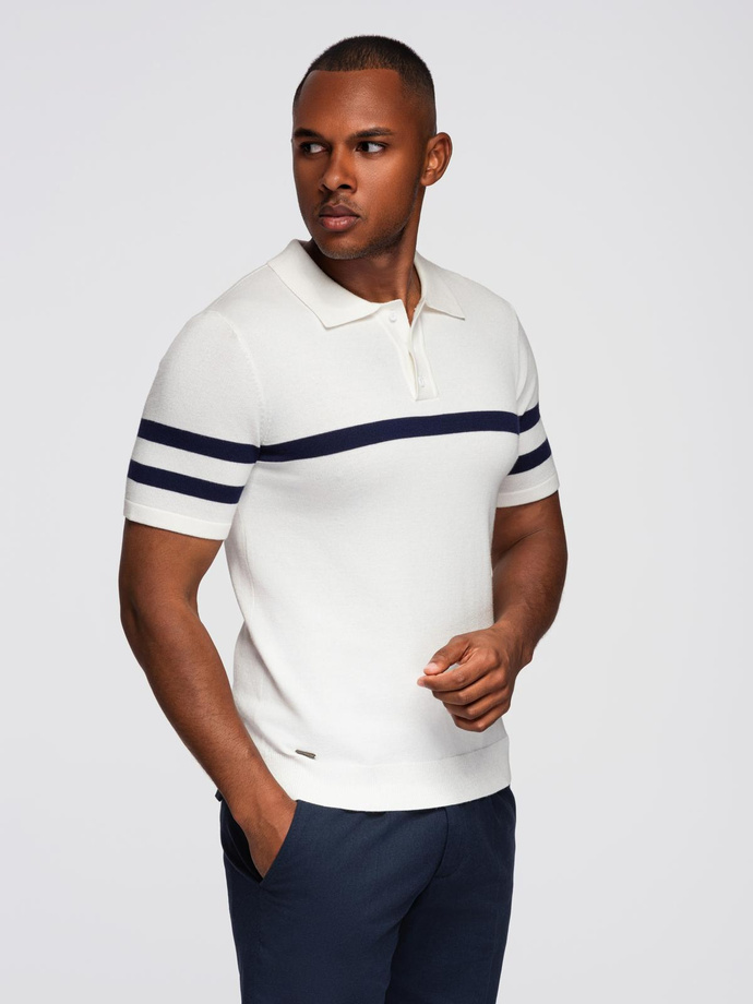 Men's soft knit polo shirt with contrasting stripes - white V1 OM-POSS-0118