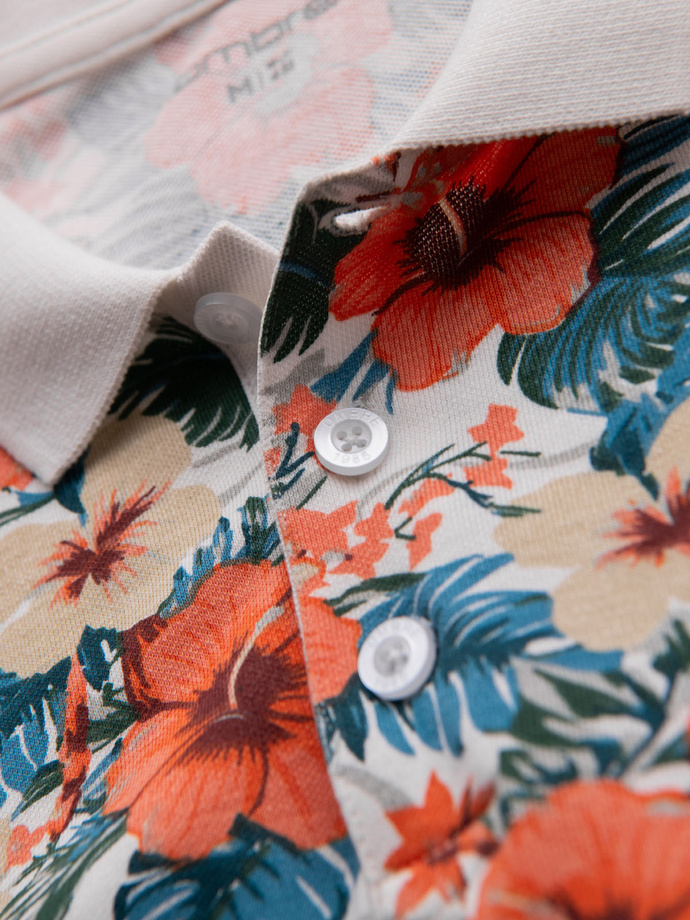 Koszulka polo bawełniana z nadrukiem w kwiaty – biała V1 OM-POSS-0149