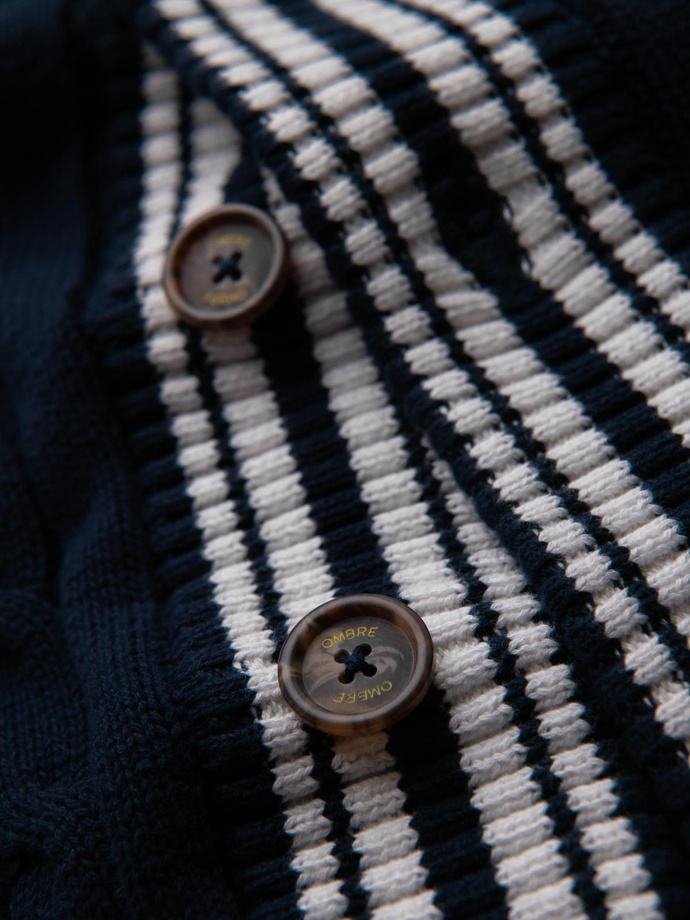 Men's cardigan sweater with shawl collar in preppy style - navy blue V4 OM-SWCD-0152