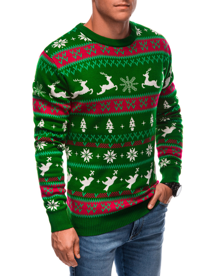 Men's Norwegian winter sweater with reindeer - green V1 EM-SWOS-0104