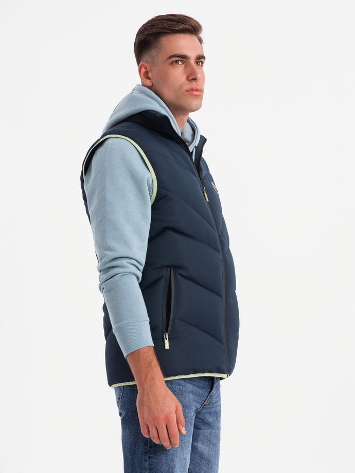 Men's quilted sleeveless jacket with neon accents - navy blue V3 OM-JAVJ-0210