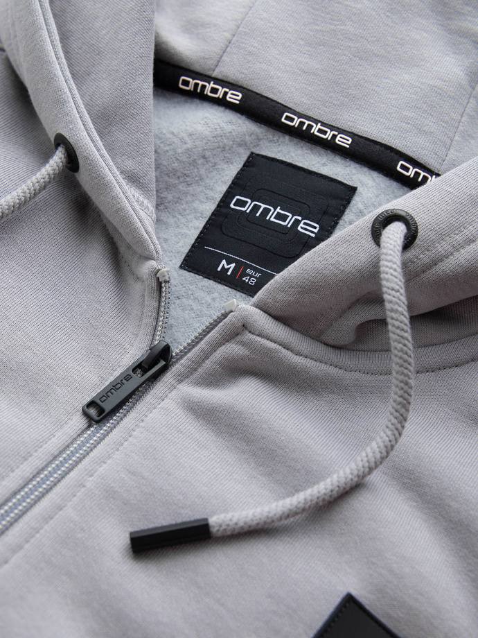 Męska rozpinana bluza dresowa z kapturem i naszywką – szara V1 OM-SSZP-0140