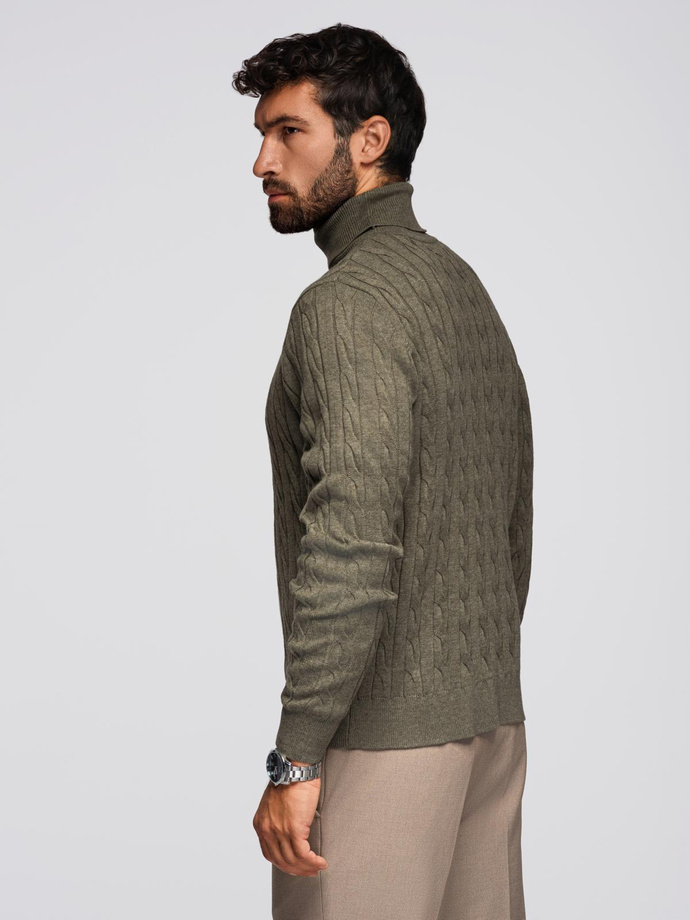 Men's turtleneck sweater with checkered weave - olive V2 OM-SWTN-0157