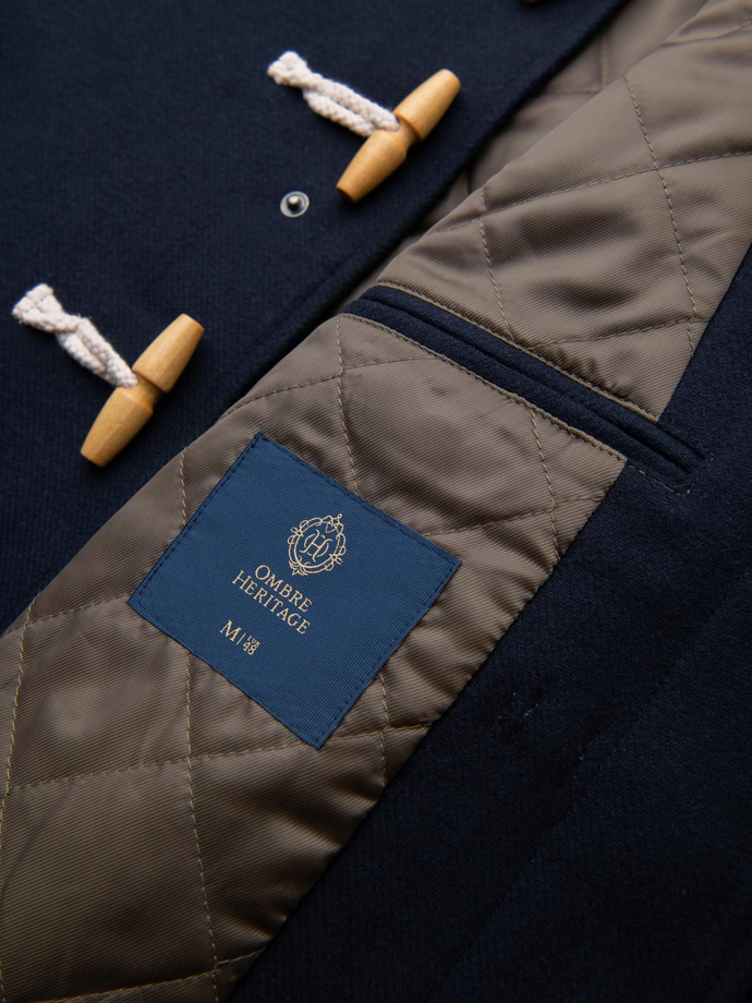 Męski płaszcz z wełną i kapturem duffle coat – granatowy V2 OM-COWC-0131