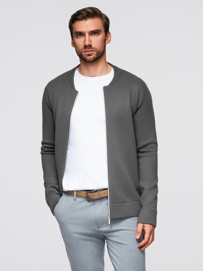 Męski sweter gładki na zamek  – grafitowy V2 OM-SWZS-0146