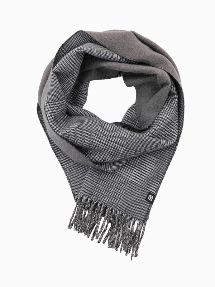 Double-sided men's checkered scarf with tassels - black and white V1 OM-ACSF-0118