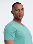 Men's BASIC classic cotton T-shirt with a v-neck - turquoise V15 OM-TSBS-0145