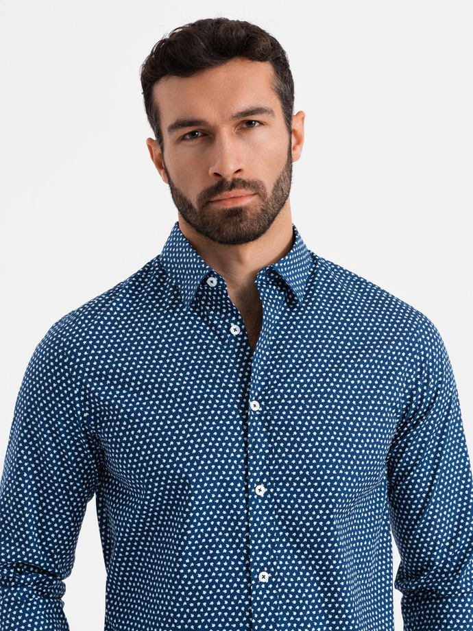 Men's fine pattern SLIM FIT shirt - navy blue V1 OM-SHCS-0140