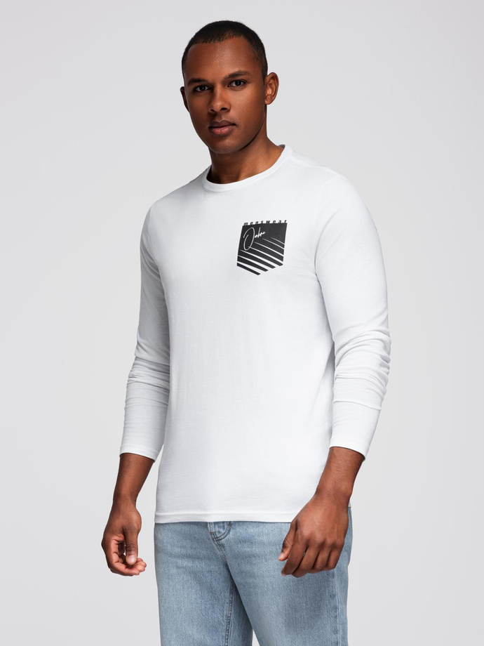 Longsleeve męski z printem w kształcie kieszonki - biały V1 OM-LSPT-0118