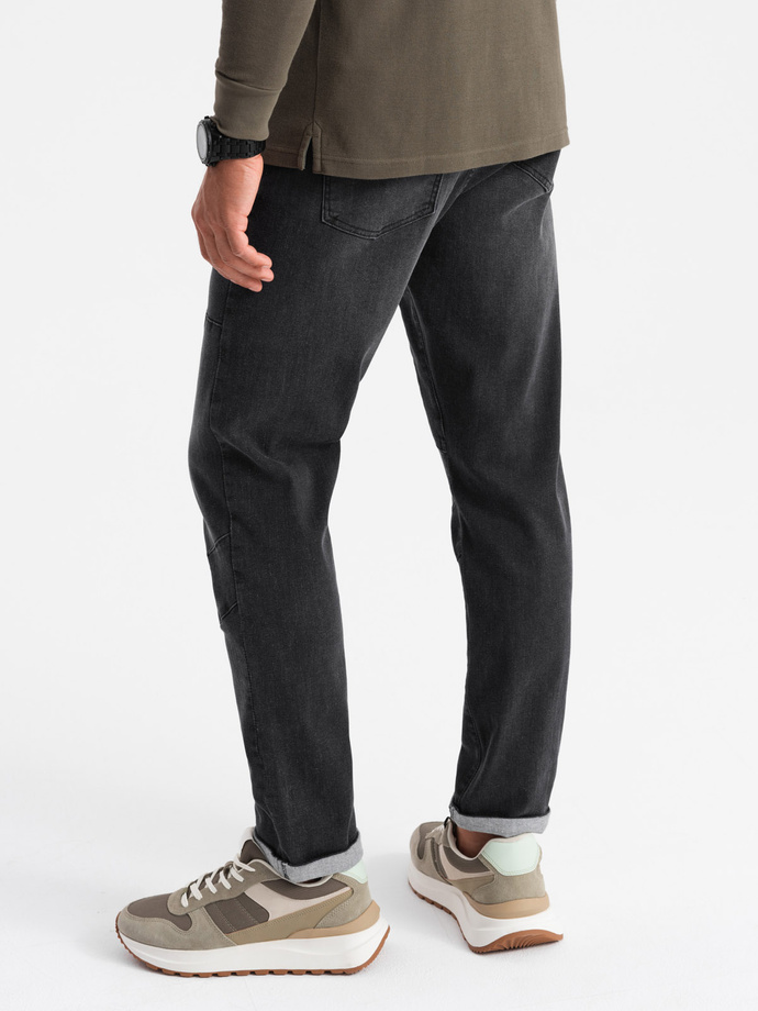 Spodnie męskie jeansowe TAPERED FIT z przeszyciami i podwiniętymi nogawkami – czarne V3 OM-PADP-0161