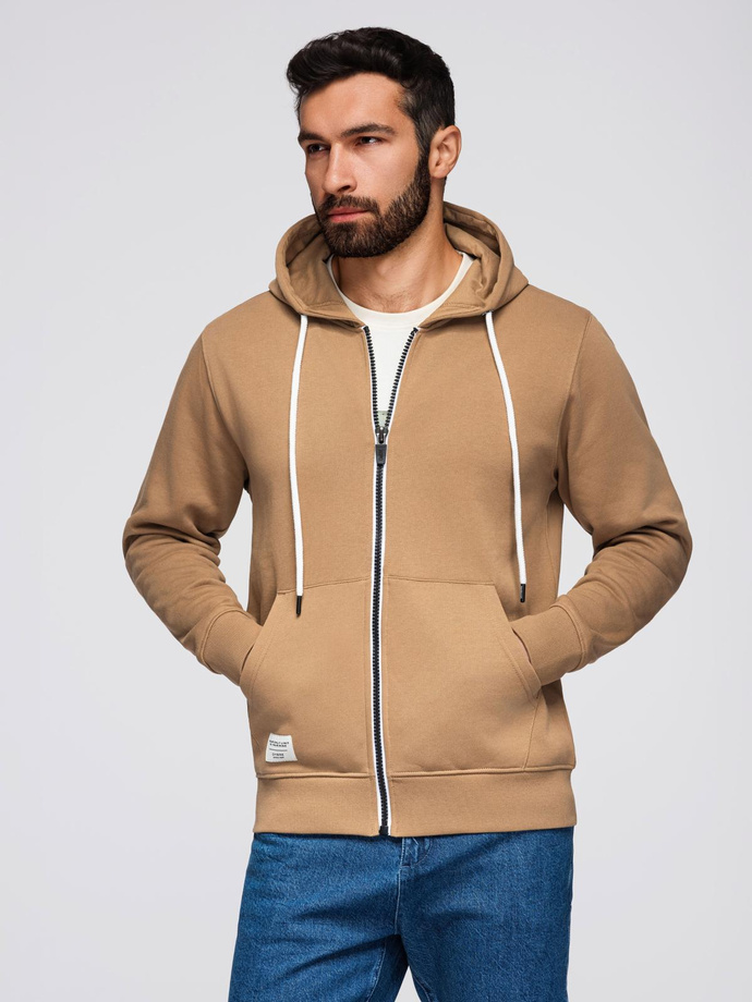 Bluza męska dresowa BASIC rozpinana z kapturem - brązowa V2 OM-SSBZ-0178