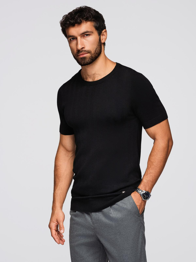 Men's openwork sweater with round neckline and short sleeves - black V2 OM-TSCT-0251