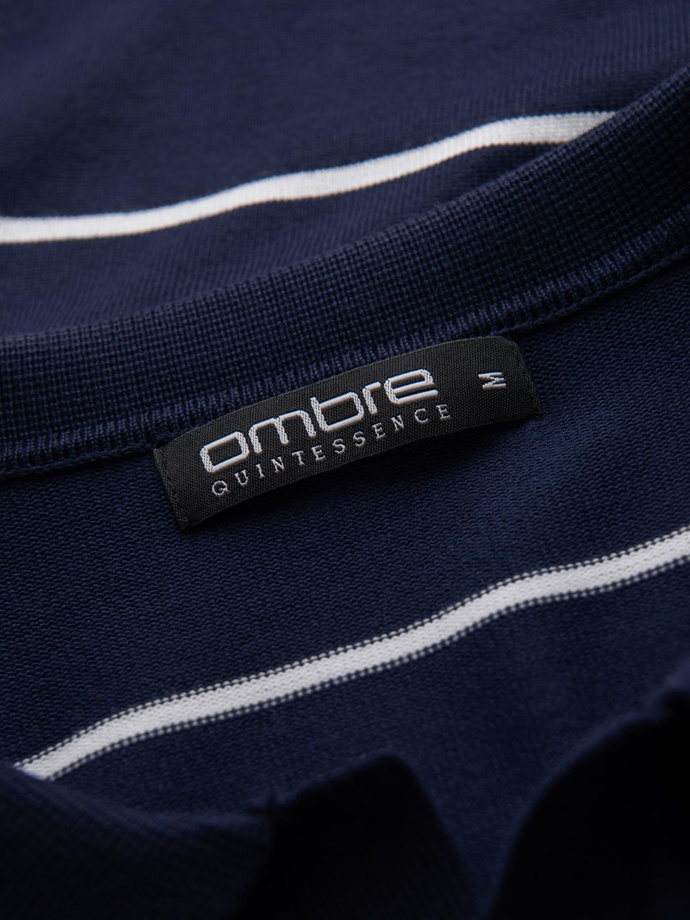 Men's horizontal striped polo longsleeve with viscose - navy blue and white V1 OM-POLS-0146