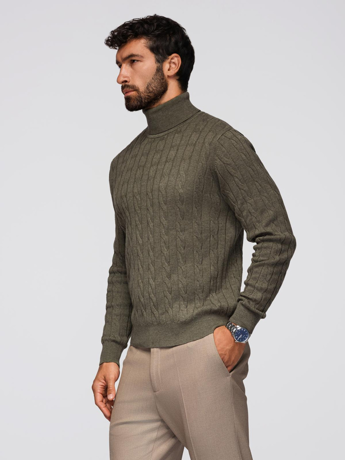 Men's turtleneck sweater with checkered weave - olive V2 OM-SWTN-0157