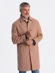 Single-breasted men's long coat with collar and bolster - brown V2 OM-COWC-0106