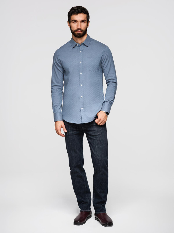 Men's SLIM FIT shirt in decorative fabric with pocket - blue OM-SHCS-0174