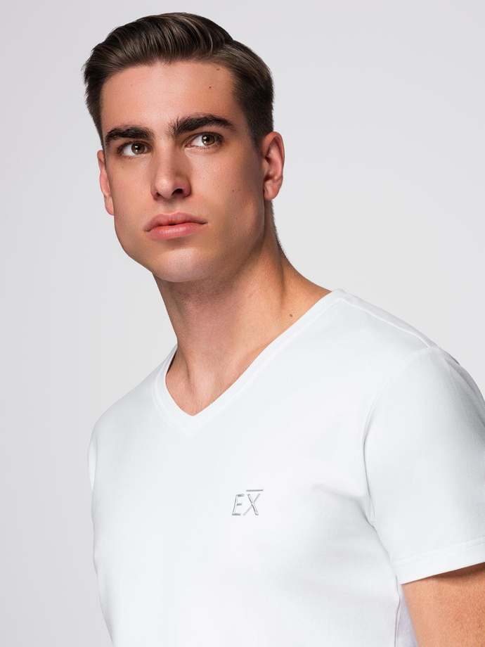 Men's V-neck SLIM FIT t-shirt with elastane and print - white V2 OM-TSBC-0221