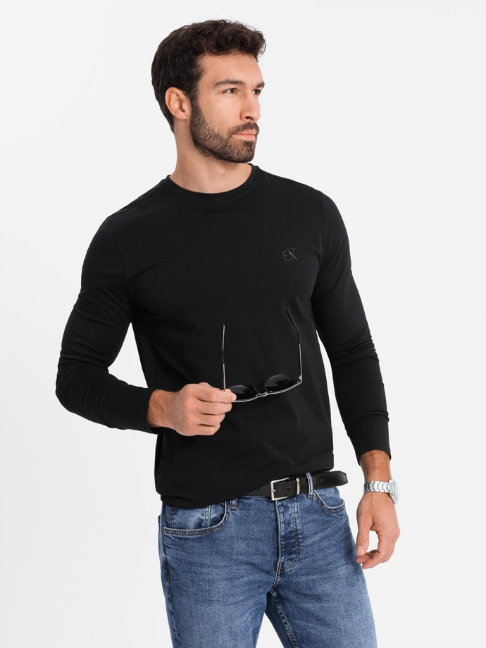 Longsleeve męski SLIM FIT z elastanem i printem – czarny V1 OM-LSBC-0124