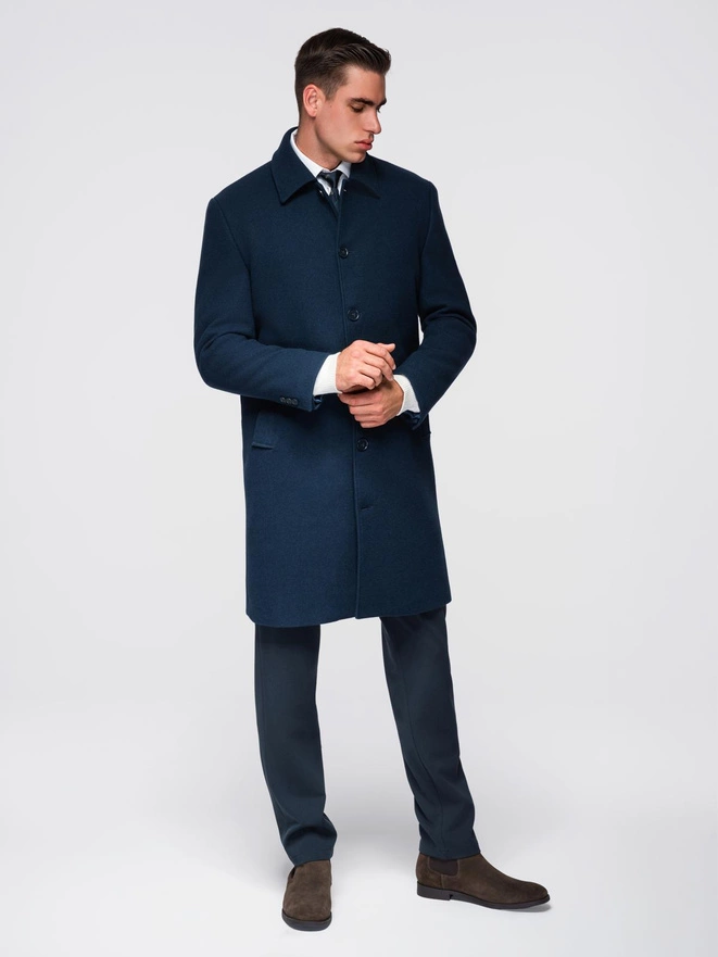 Men's long single-breasted coat with collar and undercoat - black V1 OM-COWC-0106