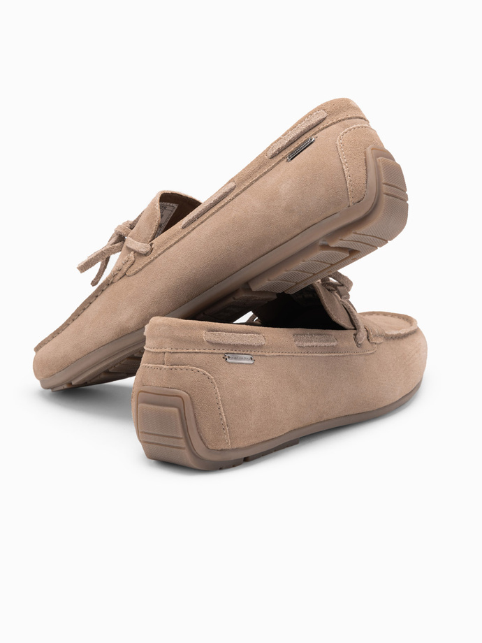 Buty mokasyny męskie skórzane z rzemykiem i podeszwą driver - beżowe V1 OM-FOCS-0150