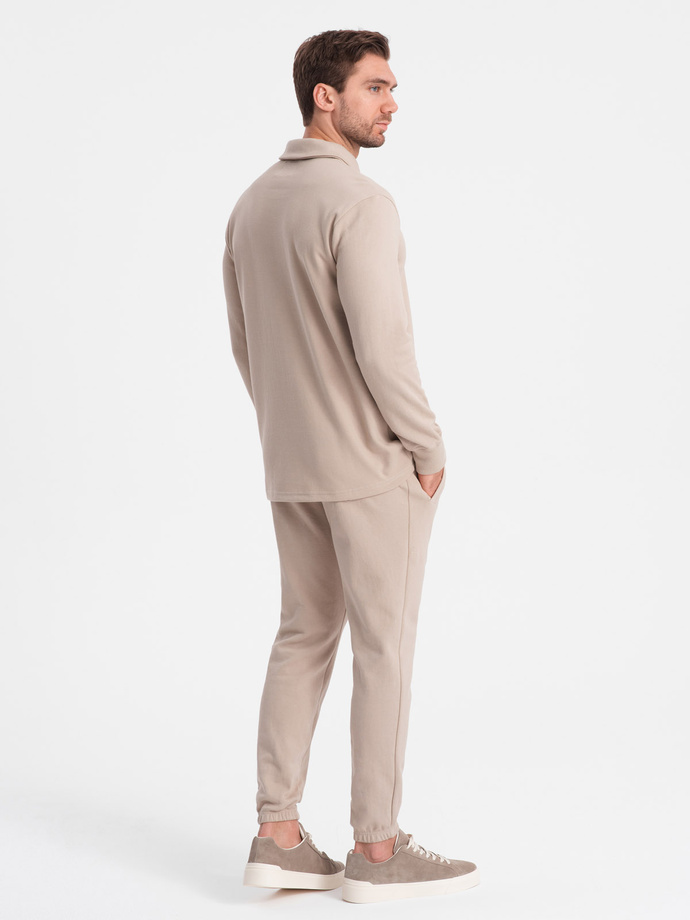 Men's tracksuit set sweatshirt with polo collar + pants - beige V2 Z71