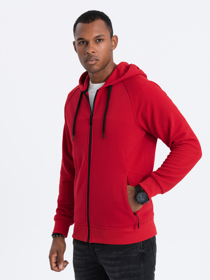 Men's unbuttoned hooded sweatshirt - red V6 OM-SSZP-0124