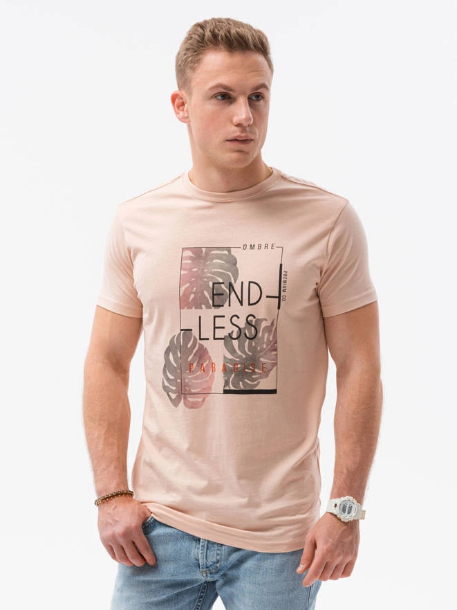 T-shirt męski z nadrukiem - różowy V-18B S1434
