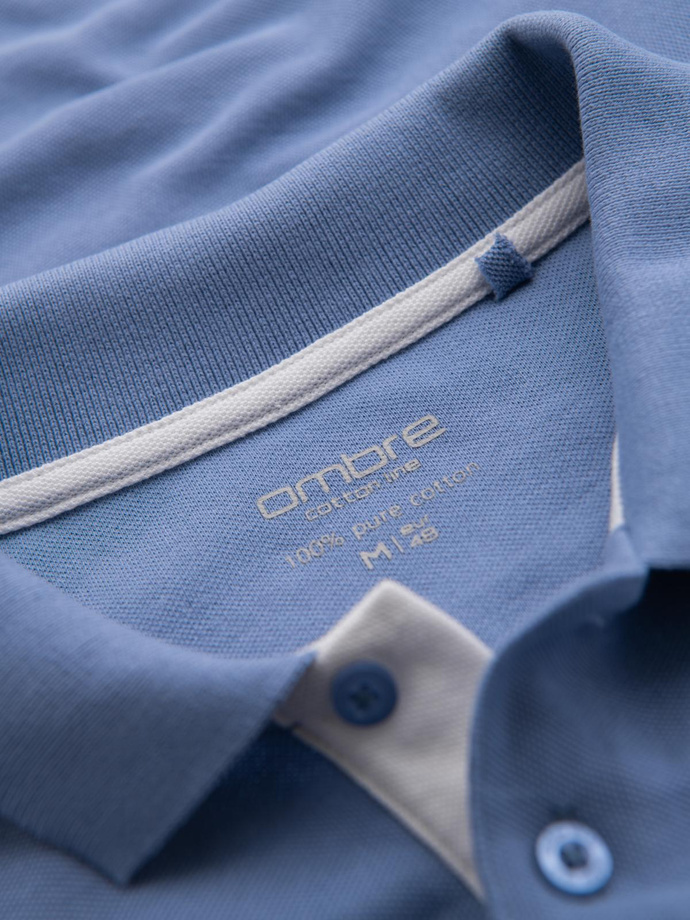 Męska bawełniana koszulka polo z kontrastowymi wykończeniami – niebieska V3 OM-POSS-0113