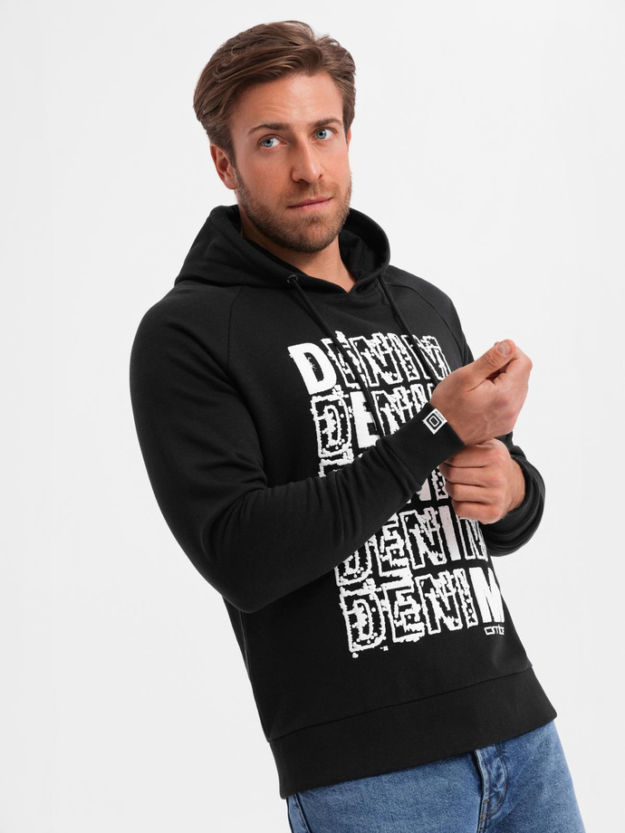 Men's unlined kangaroo sweatshirt with hood and print - black V1 OM-SSPS-0158