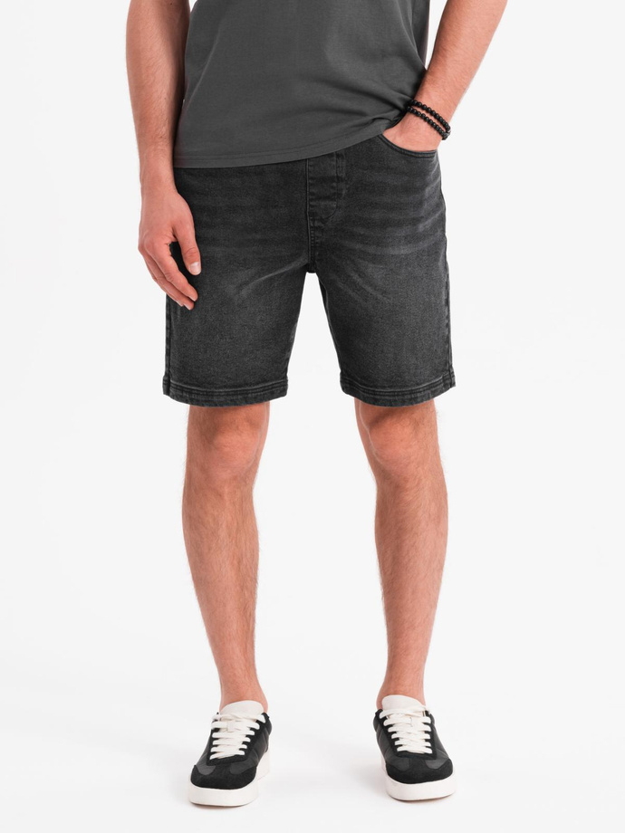 Męskie szorty z gumką w pasie i  efektem sprania – czarne V4 OM-SRDS-0192