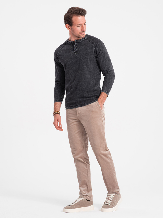 Longsleeve męski washowany henley z raglanowymi rękawami - czarny V1 OM-LSWL-22FW-001