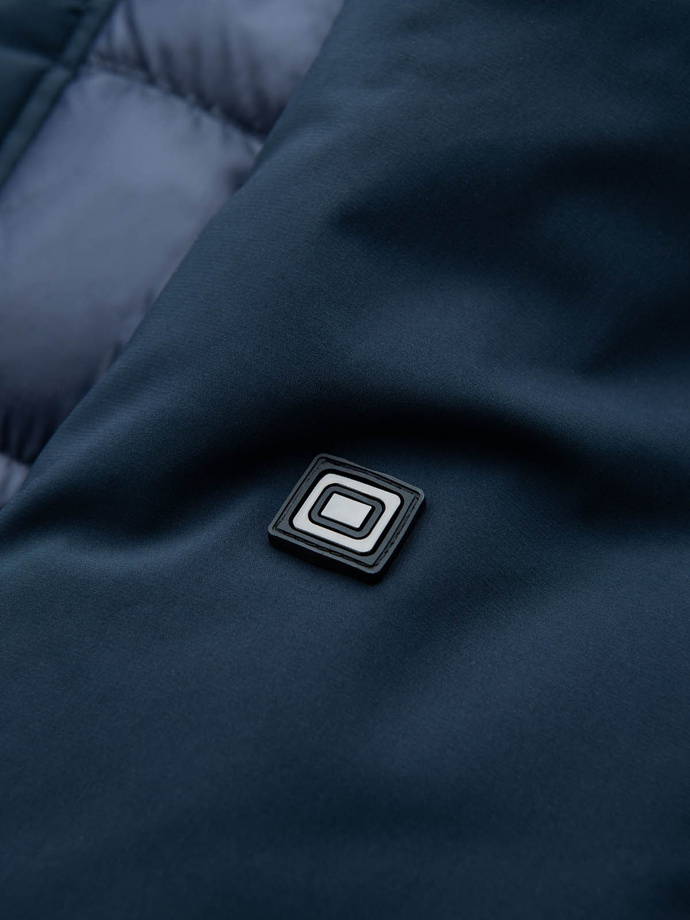 Pikowana długa męska kurtka z dużymi kieszeniami – granatowa V4 OM-JALJ-0165