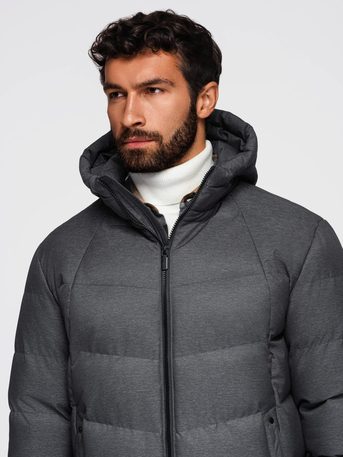 Men's long quilted jacket with hood - grey V2 OM-JALJ-0264